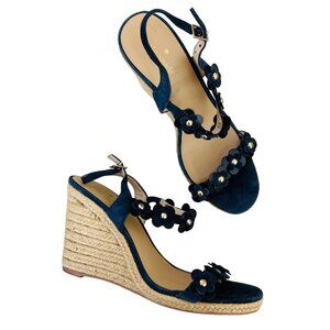 Kate Spade Womens Sz 9 Floral Espadrille Wedge Sandals Navy Blue